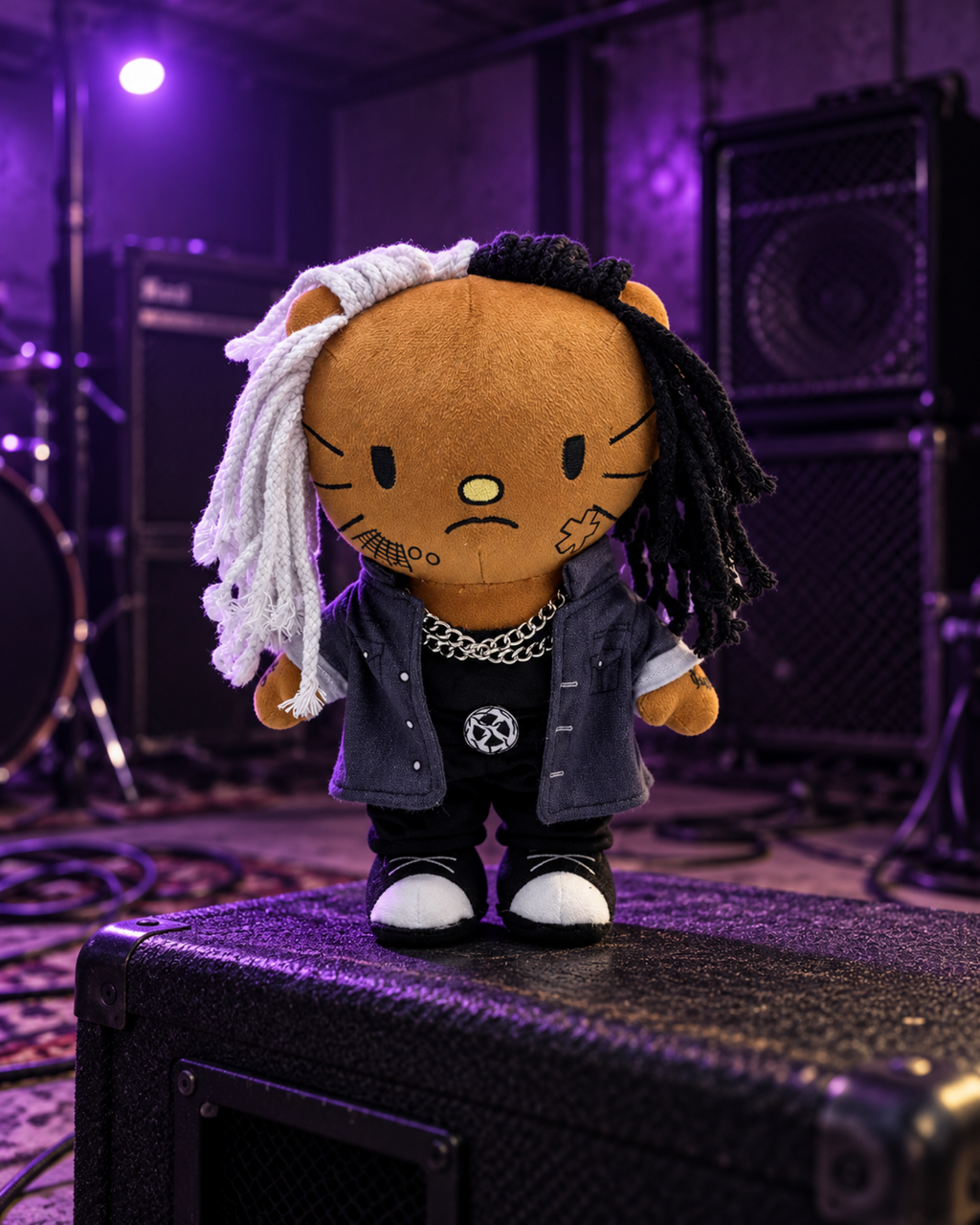 Ken Carson Hello Kitty plush on a speaker cabinet with purple concert lighting.
