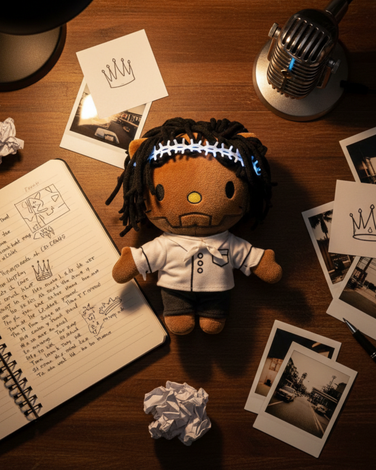 Kendrick Lamar Hello Kitty plush among handwritten notes and photographs on a writing desk.