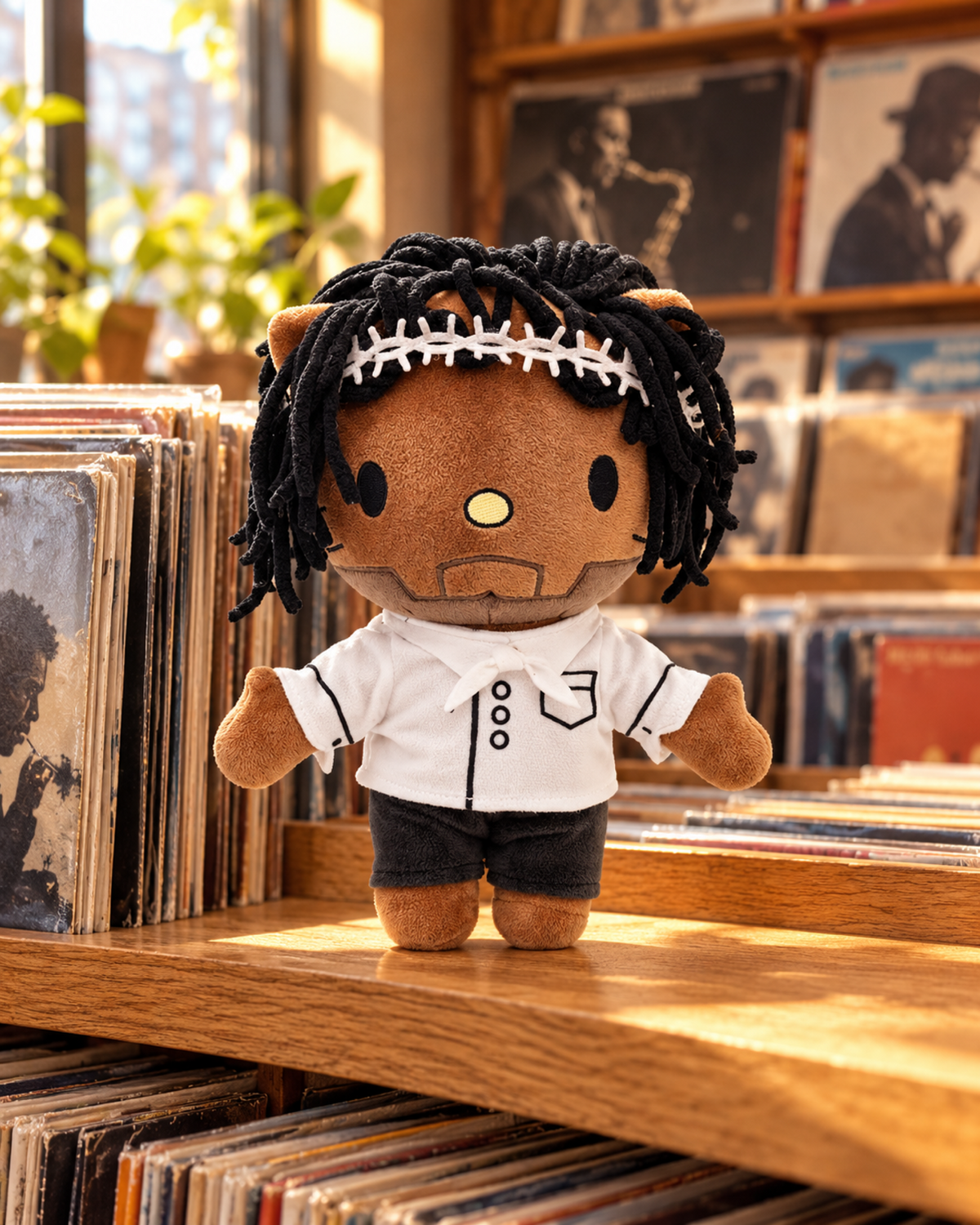 Kendrick Lamar Hello Kitty plush on an oak shelf beside vinyl records in a record shop.