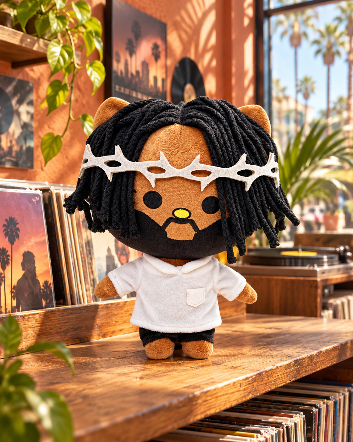 Kendrick Lamar x Hello Kitty Plush - White Outfit - a wooden display shelf in a sunlit West Coast record shop - styled product scene