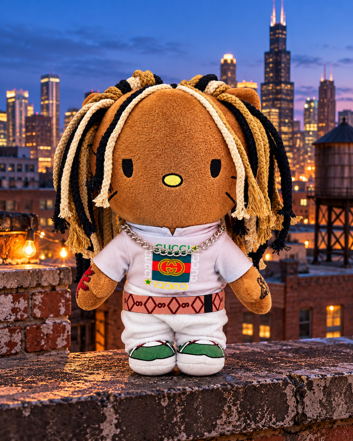 King Von x Hello Kitty Plush - a weathered rooftop ledge - styled product scene