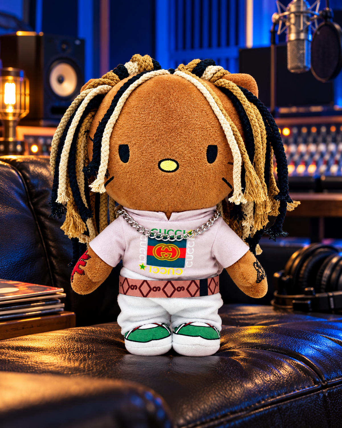 King Von x Hello Kitty Plush - a black leather recording-lounge sofa - styled product scene