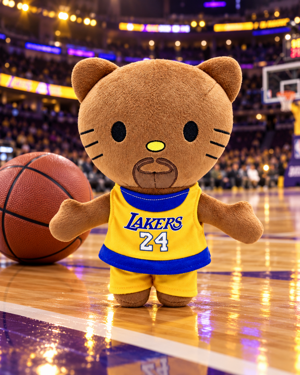 Kobe Bryant x Hello Kitty Plush - glossy hardwood at an indoor basketball arena sideline - styled product scene