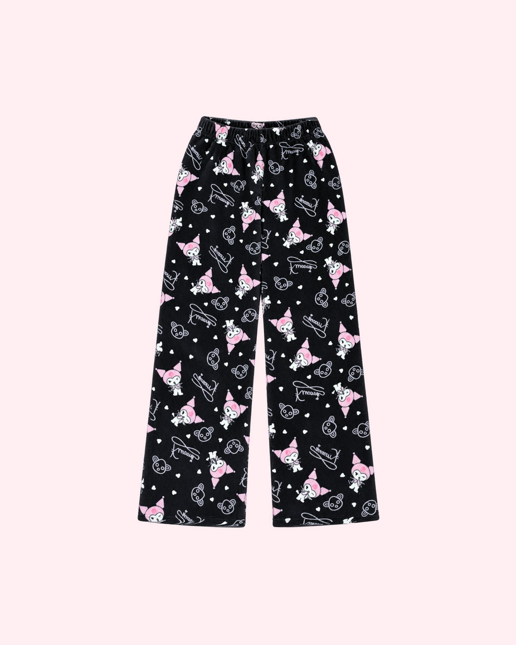 Mirrored back view of black Kuromi pajama pants with pink character details, hearts and Kuromi lettering