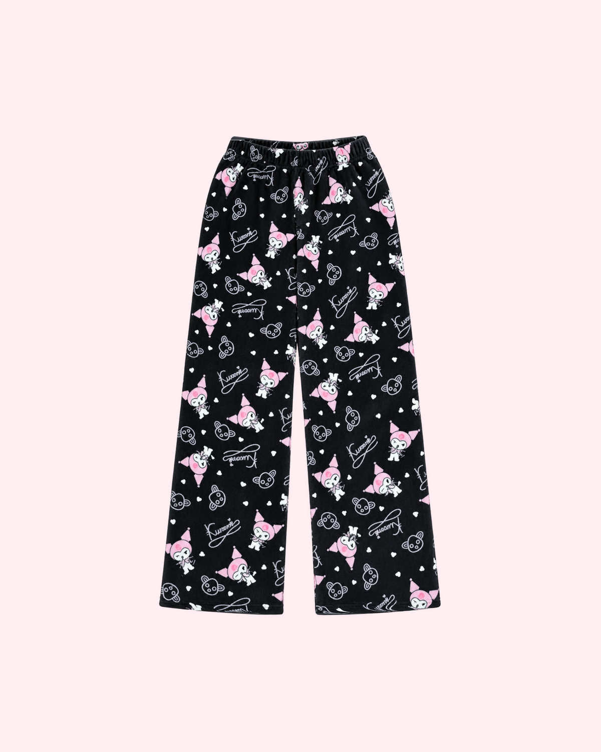 Front view of black Kuromi pajama pants with pink character details, hearts and Kuromi lettering