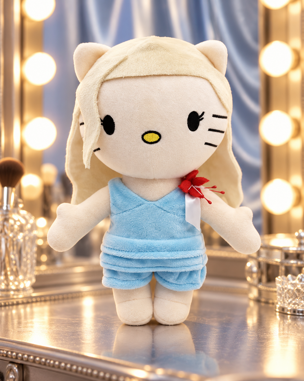 Lady Gaga Hello Kitty plush beside illuminated vanity bulbs in a dressing room.