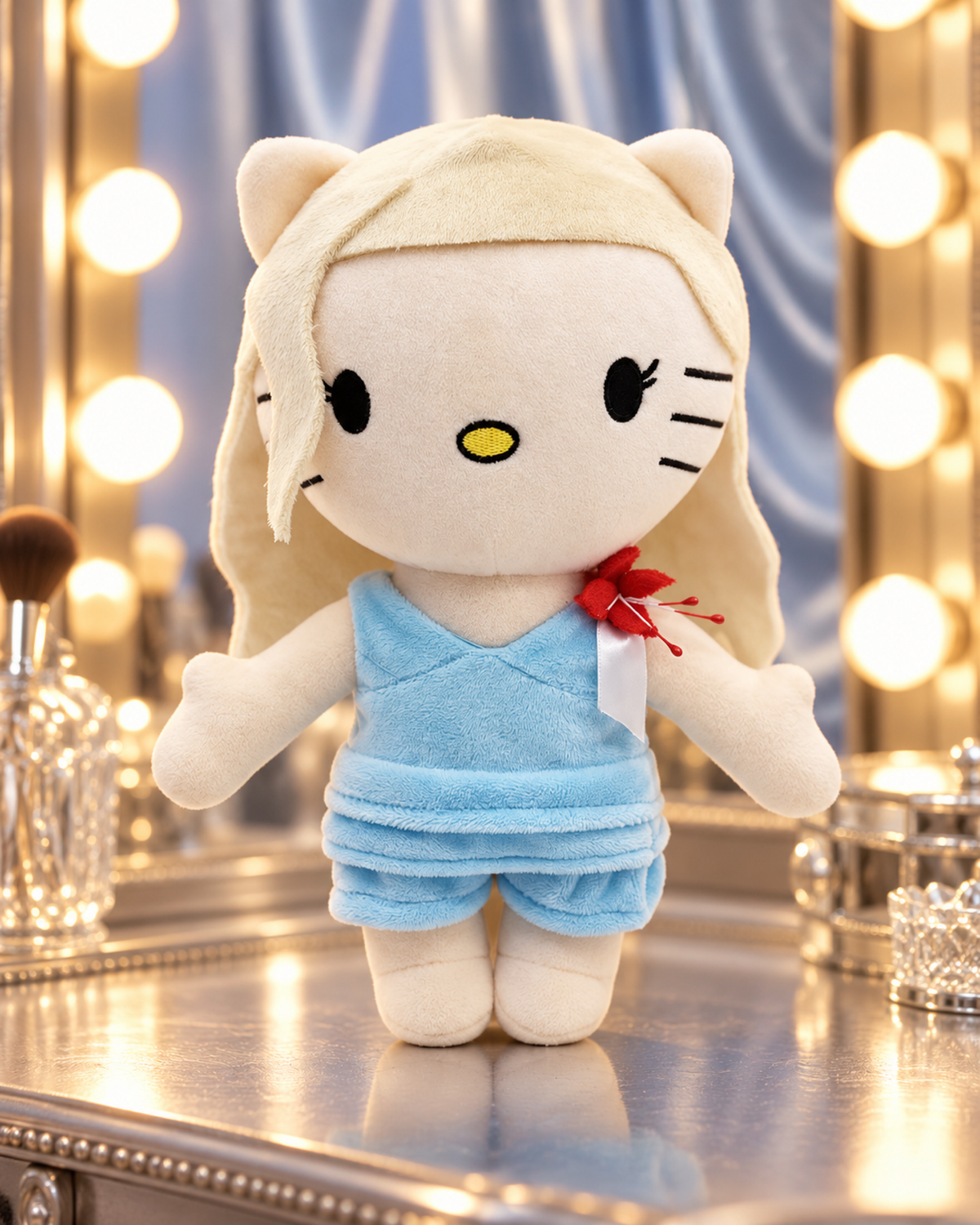 Lady Gaga Hello Kitty plush beside illuminated vanity bulbs in a dressing room.