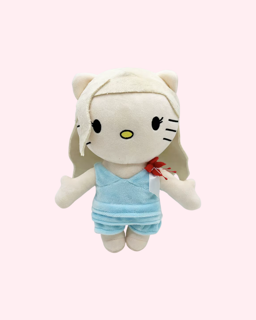 Front view of Lady Gaga Hello Kitty plush with long pale hair and a light blue outfit on a pale pink background.