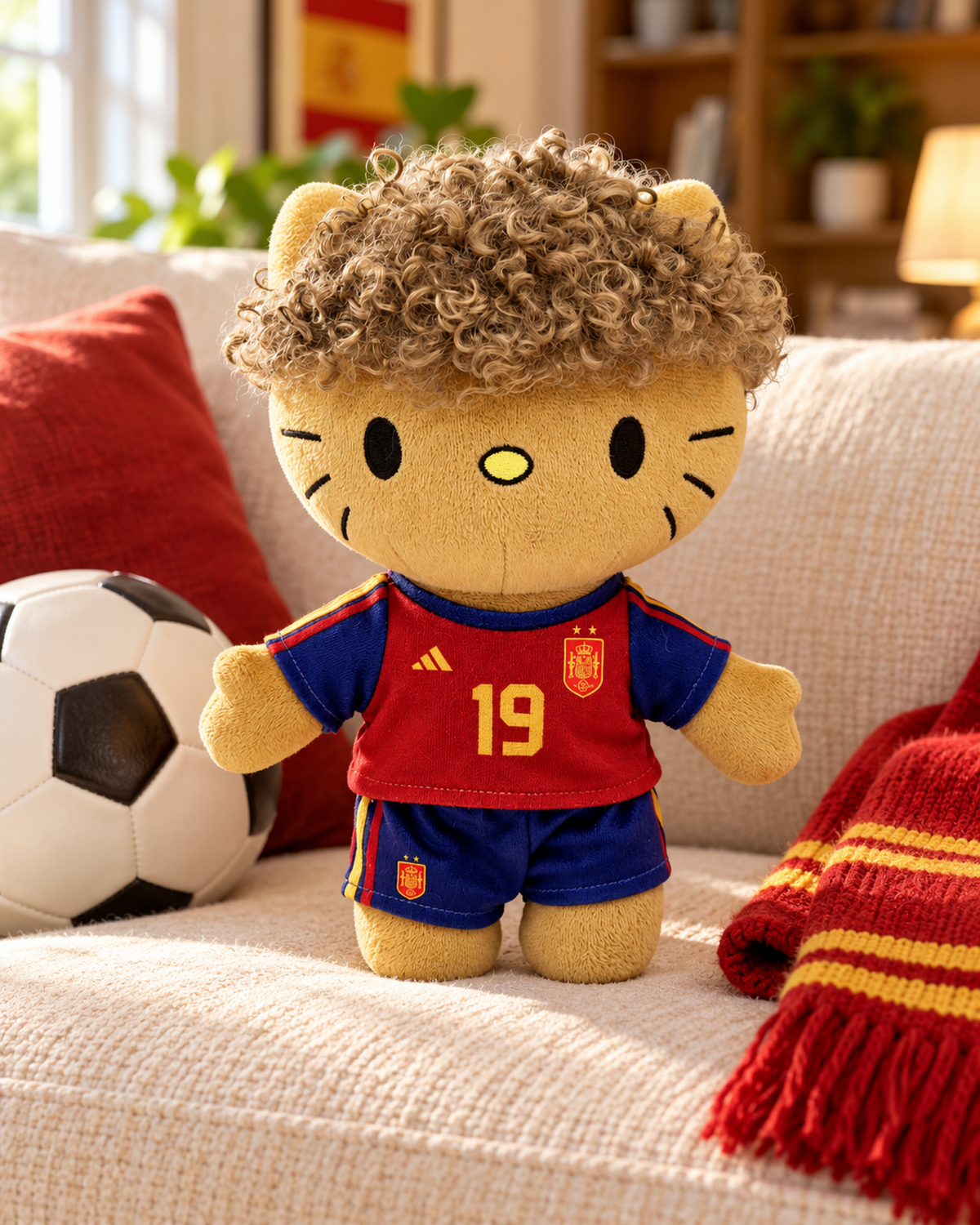 Lamine Yamal Hello Kitty plush — match-day living room scene