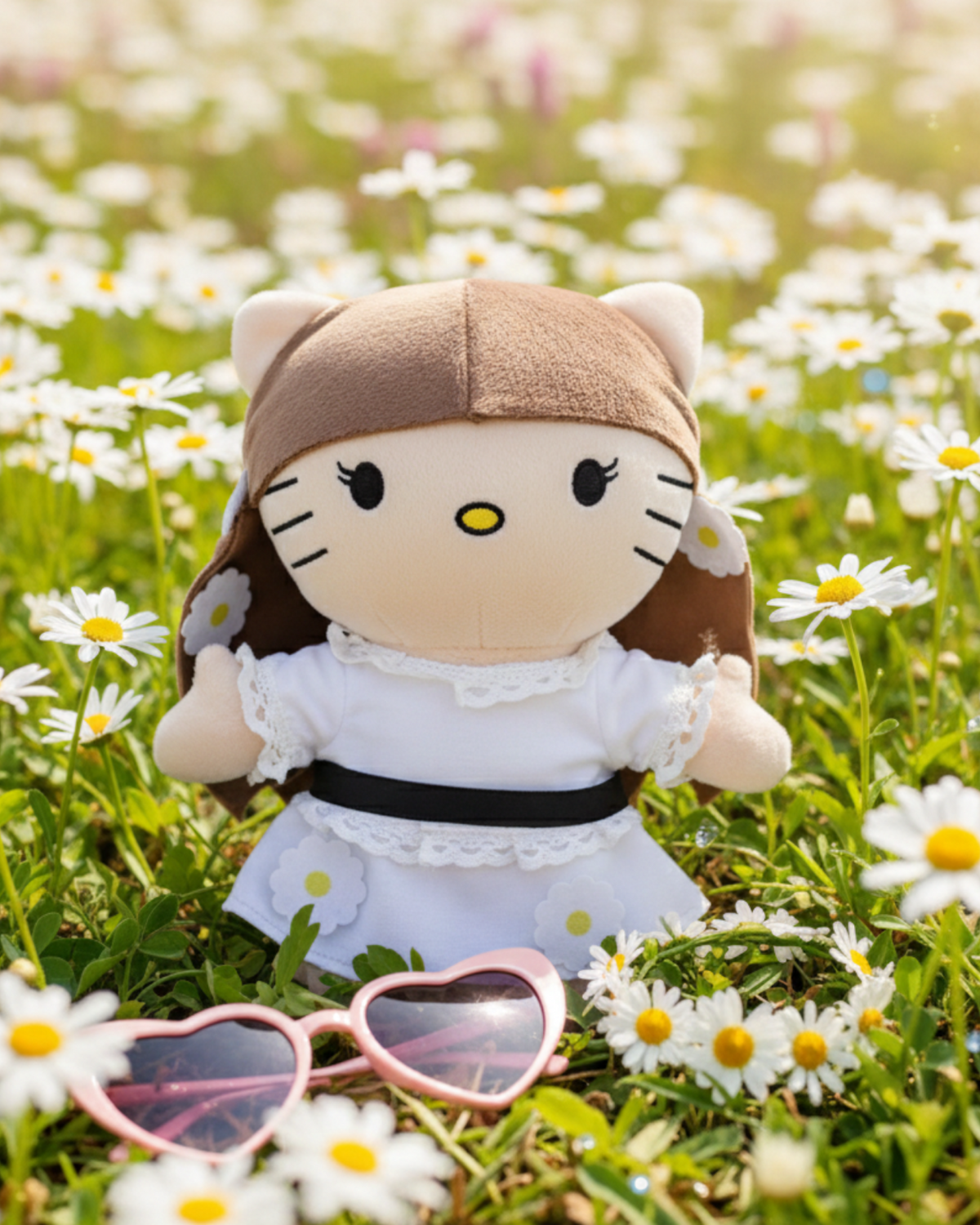 Lana Del Rey Hello Kitty plush among daisies in a sunlit meadow.