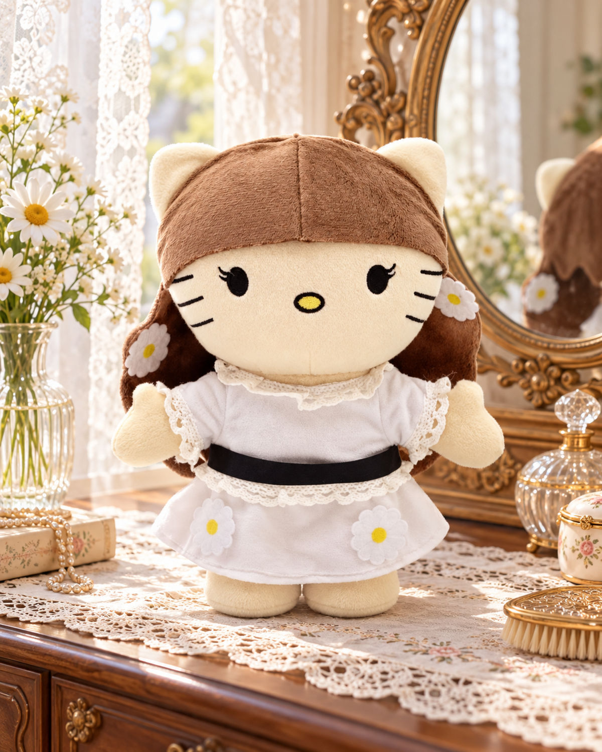 Lana Del Rey Hello Kitty plush on a vintage dressing table beside an ornate mirror and daisies.