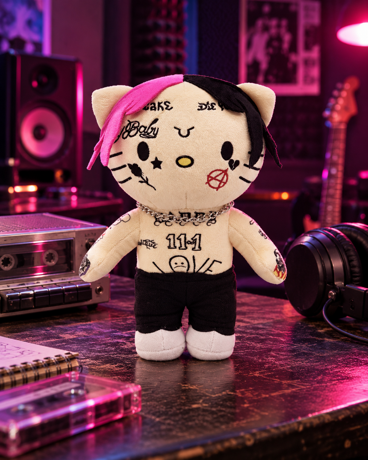 Lil Peep Hello Kitty plush on a recording studio table beside a cassette recorder and headphones.