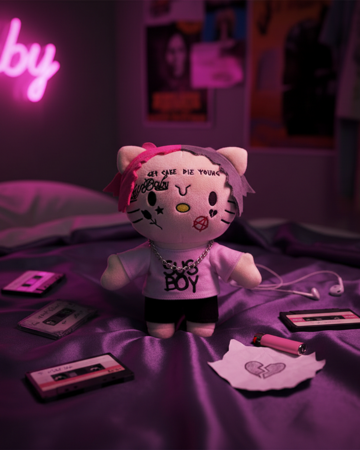 Lil Peep Hello Kitty plush among cassette tapes in a pink-lit bedroom.