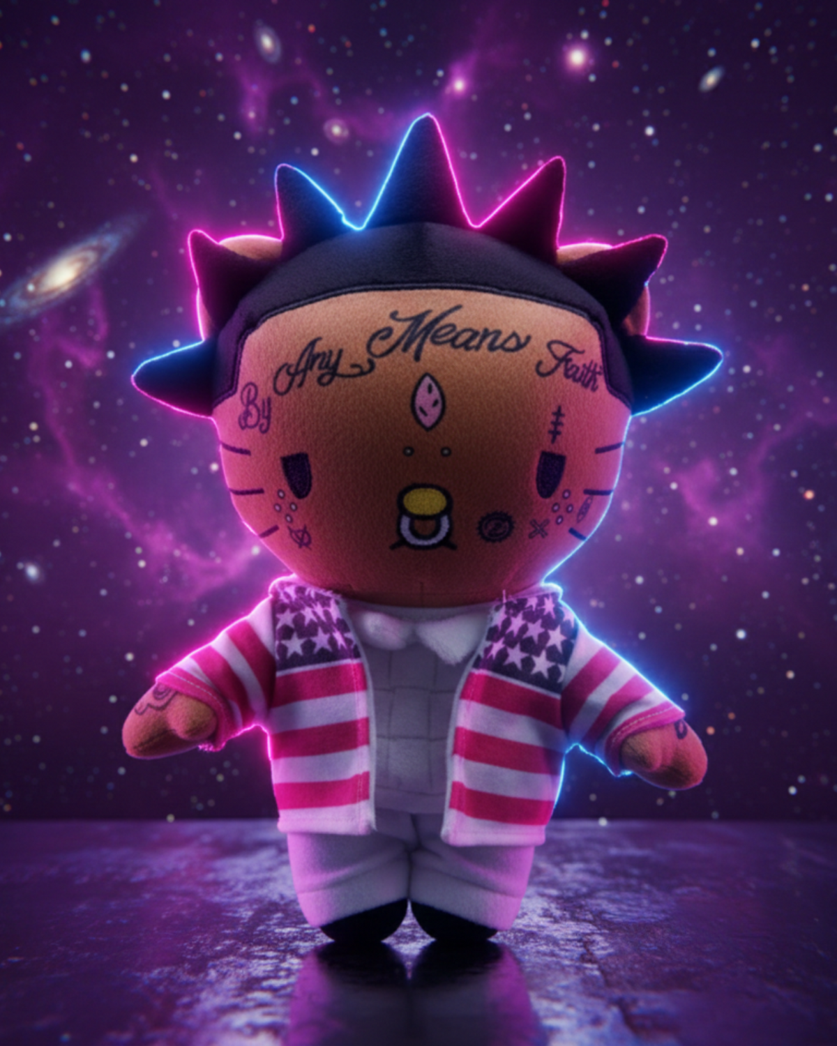 Lil Uzi Vert Hello Kitty plush in a colorful cosmic scene.