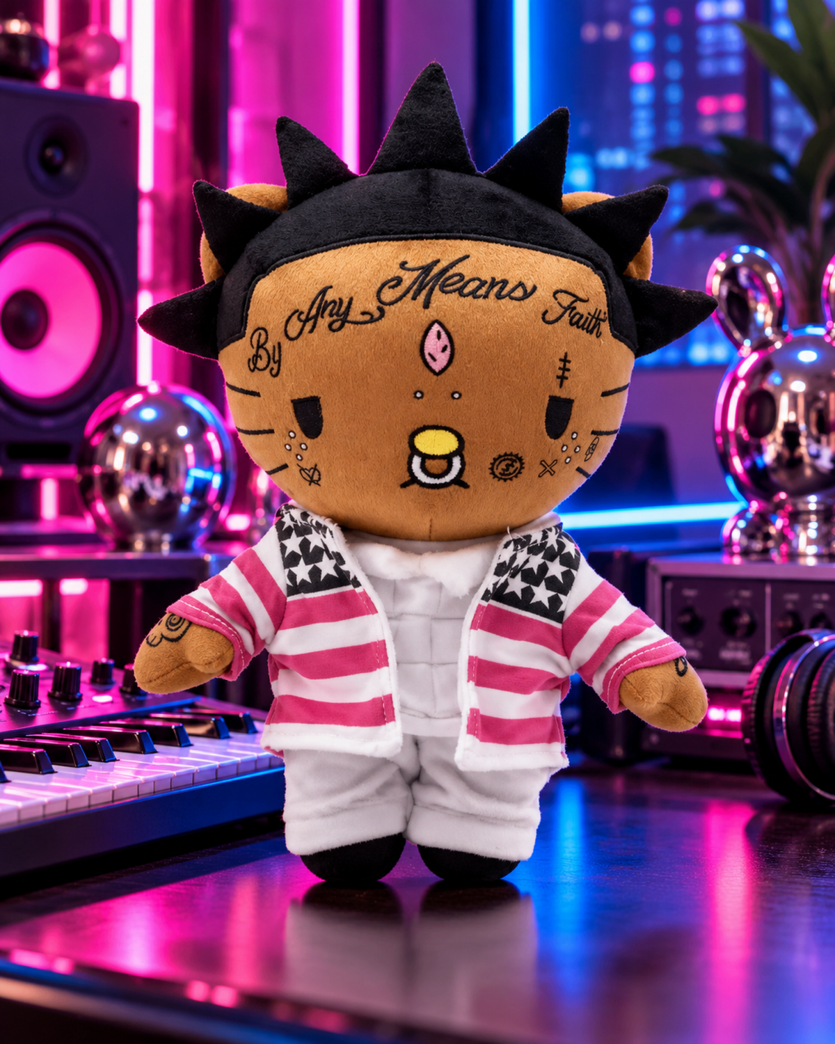 Lil Uzi Vert Hello Kitty plush on a futuristic studio desk beside a synthesizer under pink and blue lights.