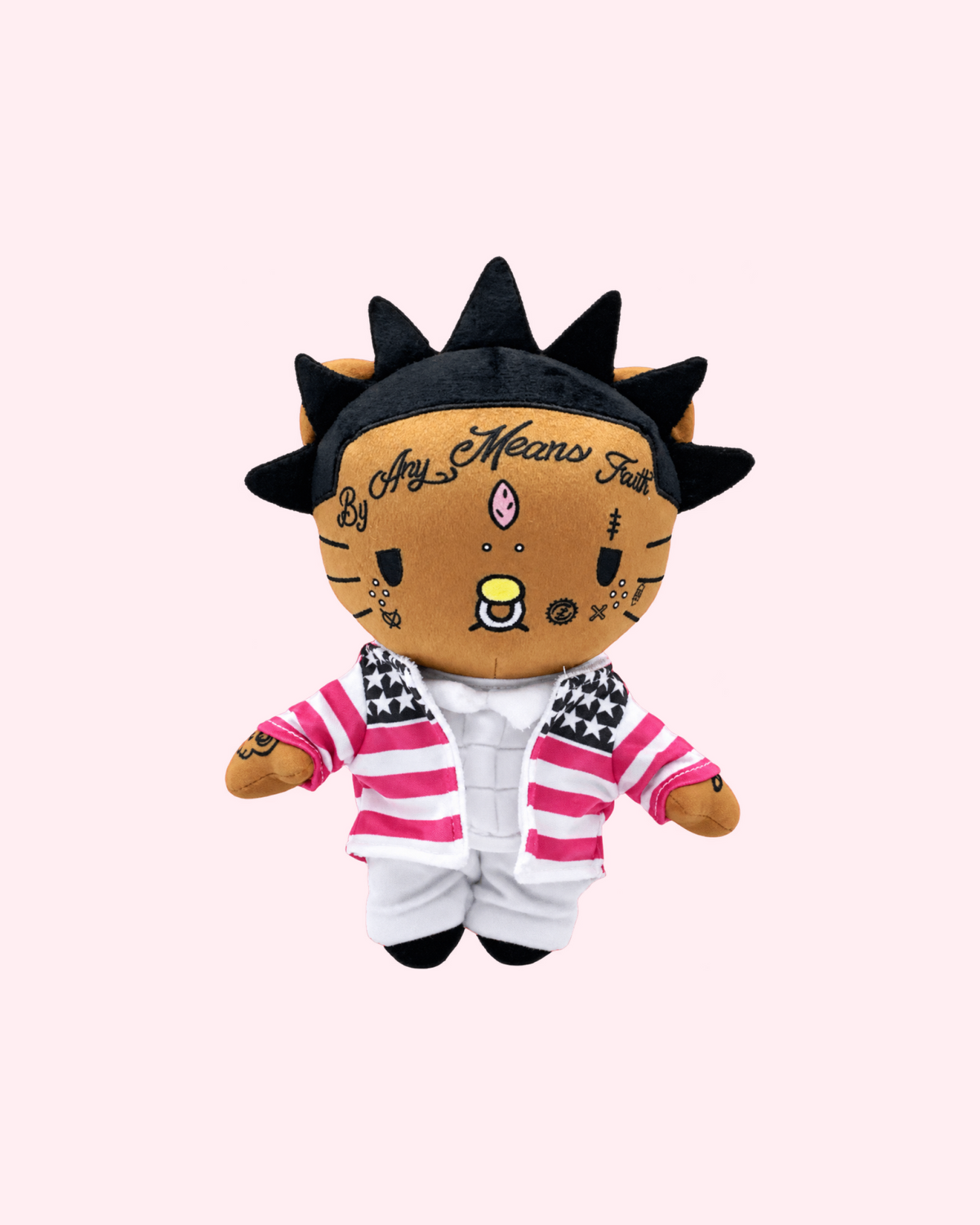 Front view of Lil Uzi Vert Hello Kitty plush with black spiked hair, embroidered face tattoos, a pink forehead gem and a pink-and-white striped jacket, on a pale pink background.