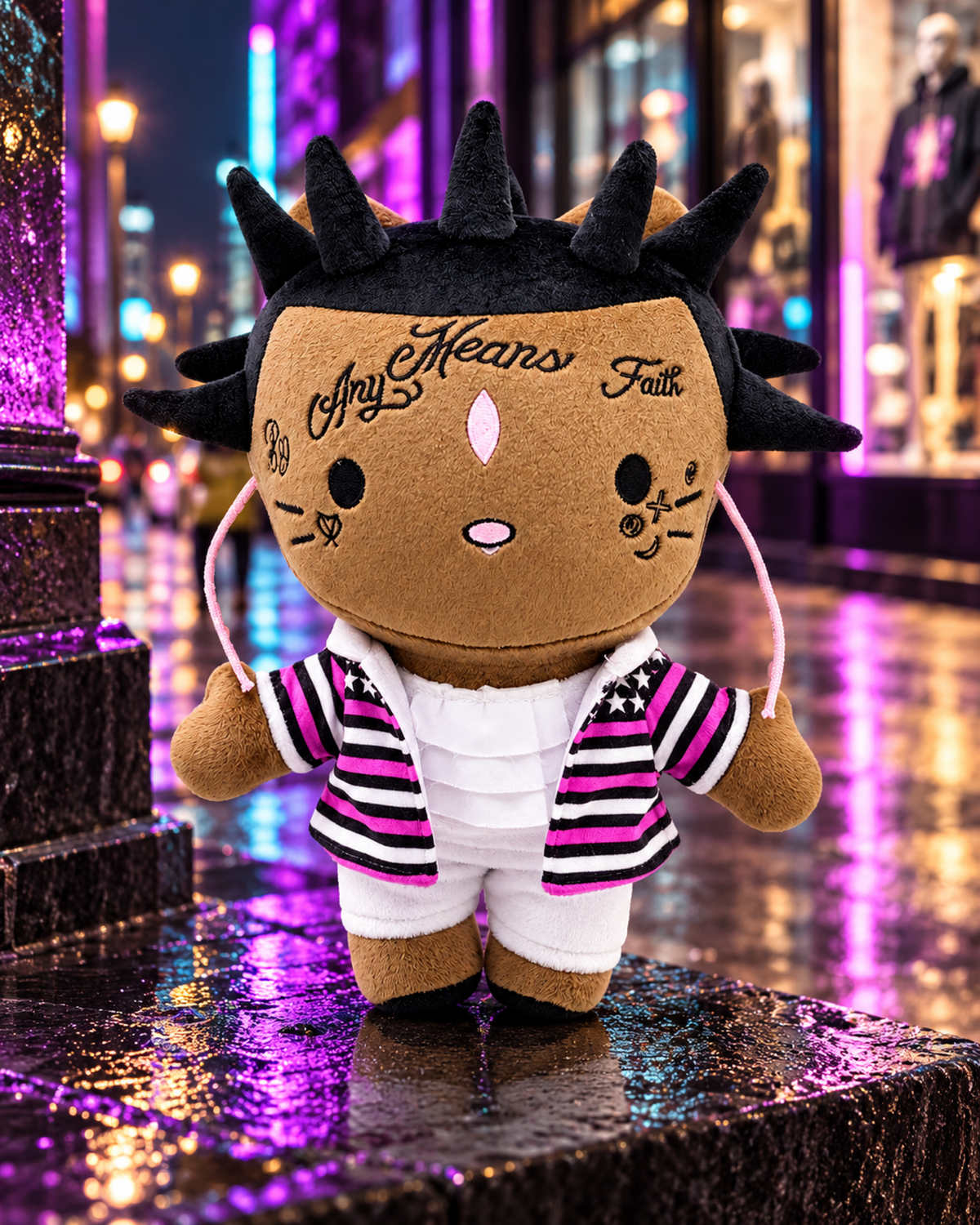 Lil Uzi Vert x Hello Kitty Plush - Purple Stripe Jacket - a black stone ledge on a city shopping street at night - styled product scene
