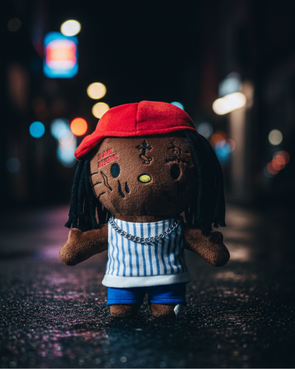 Lil Wayne Hello Kitty plush standing on a wet city street at night.
