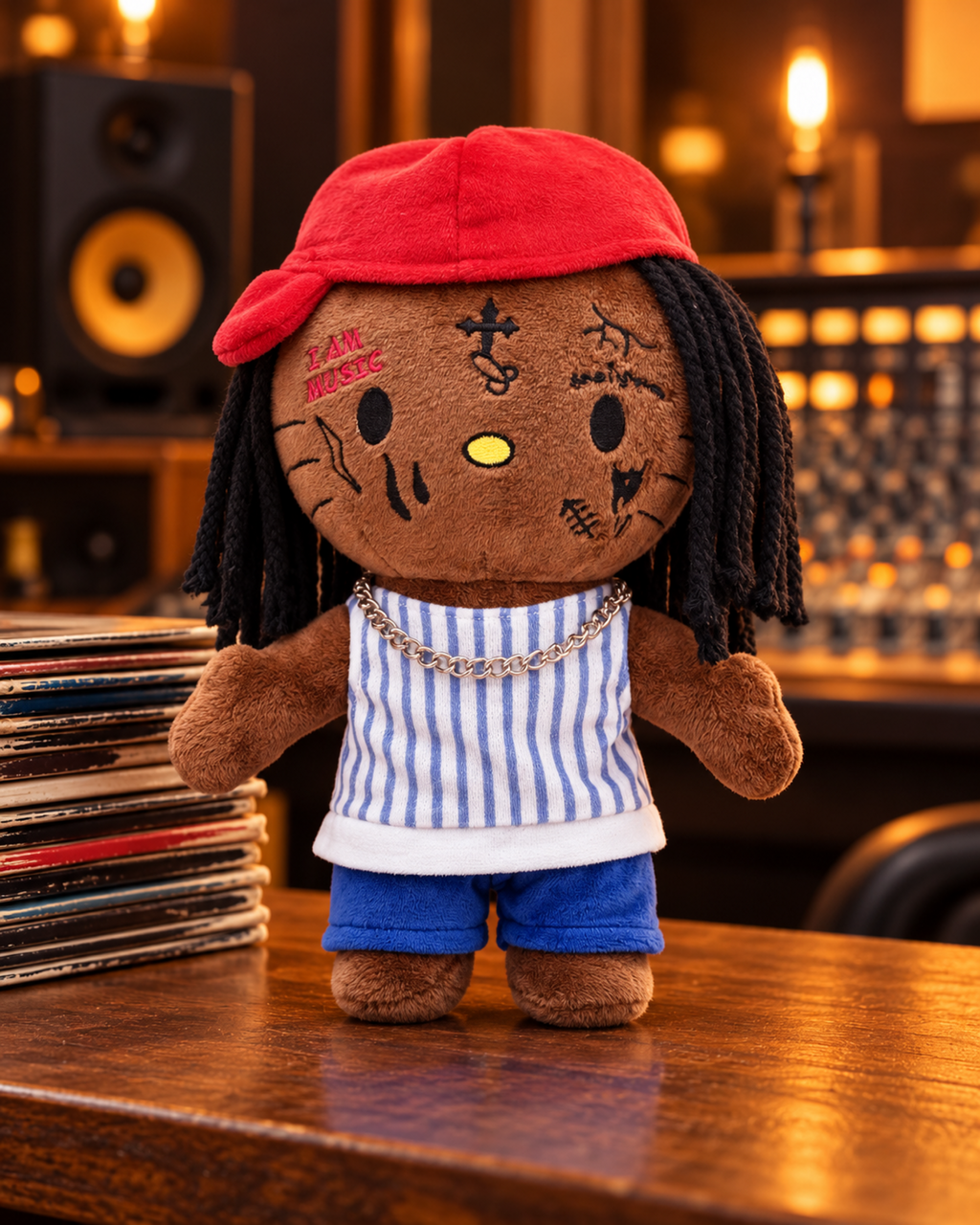 Lil Wayne Hello Kitty plush on a wooden studio console with vinyl records and warm lighting.
