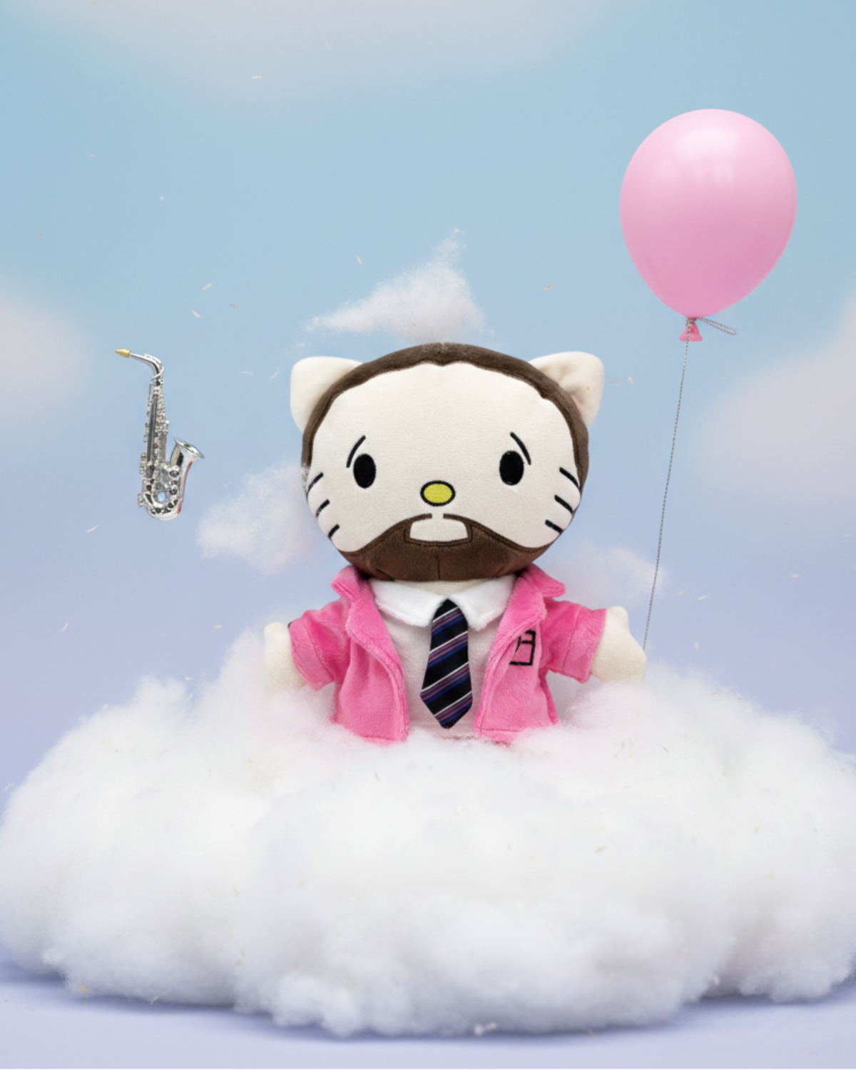 Mac Miller Hello Kitty plush among fluffy clouds beside a pink balloon.