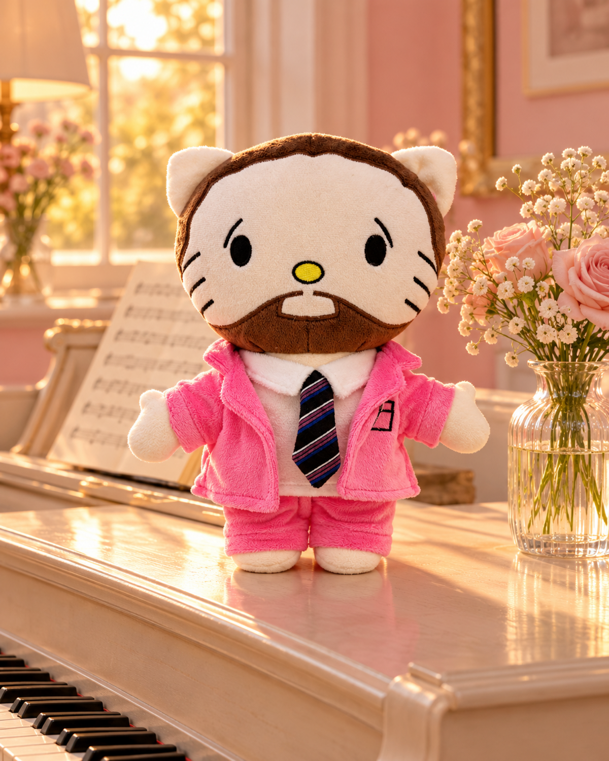 Mac Miller Hello Kitty plush on a piano in a softly lit pink room.