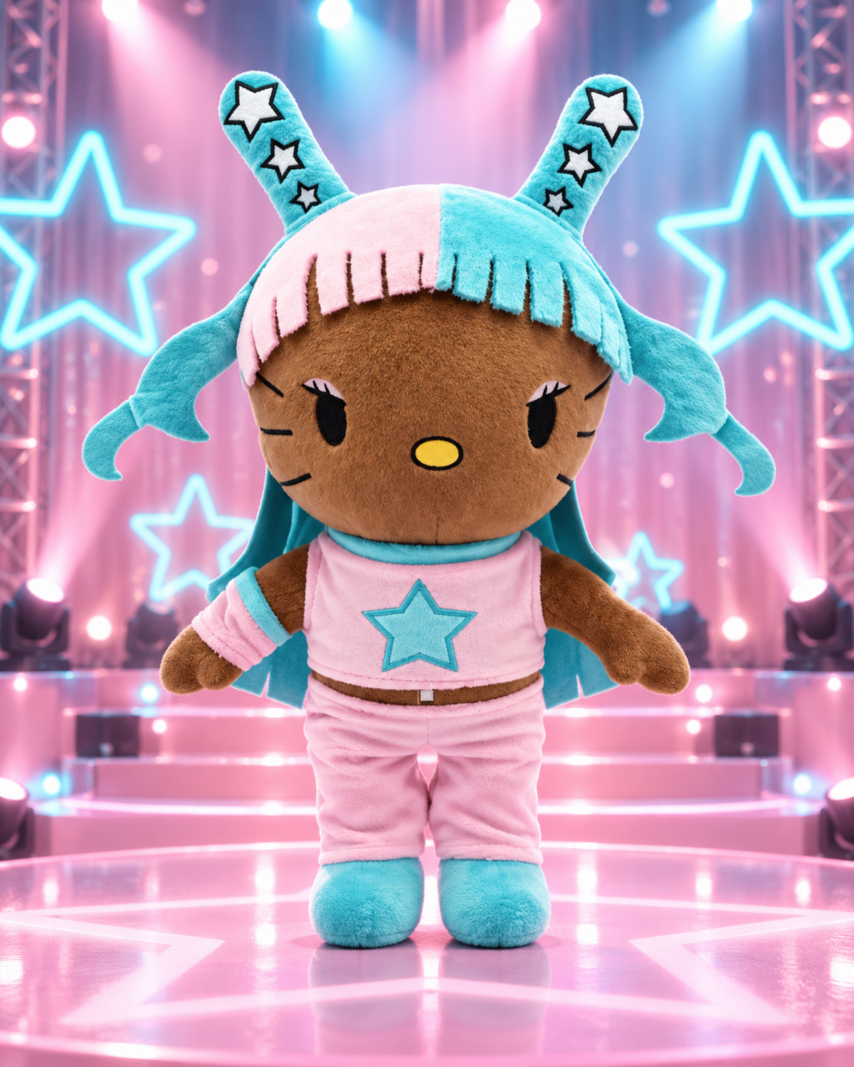 Megan Thee Stallion Hello Kitty plush in pink and blue on a pastel stage with glowing star lights.