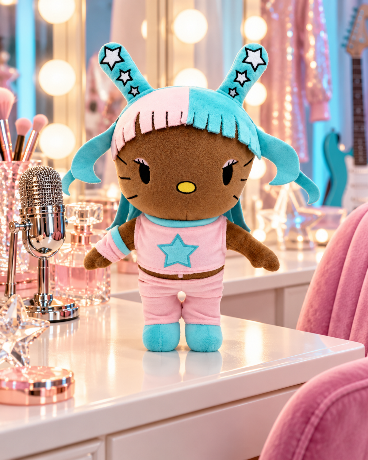 Megan Thee Stallion Hello Kitty plush on a dressing table beside a chrome microphone and illuminated vanity mirror.