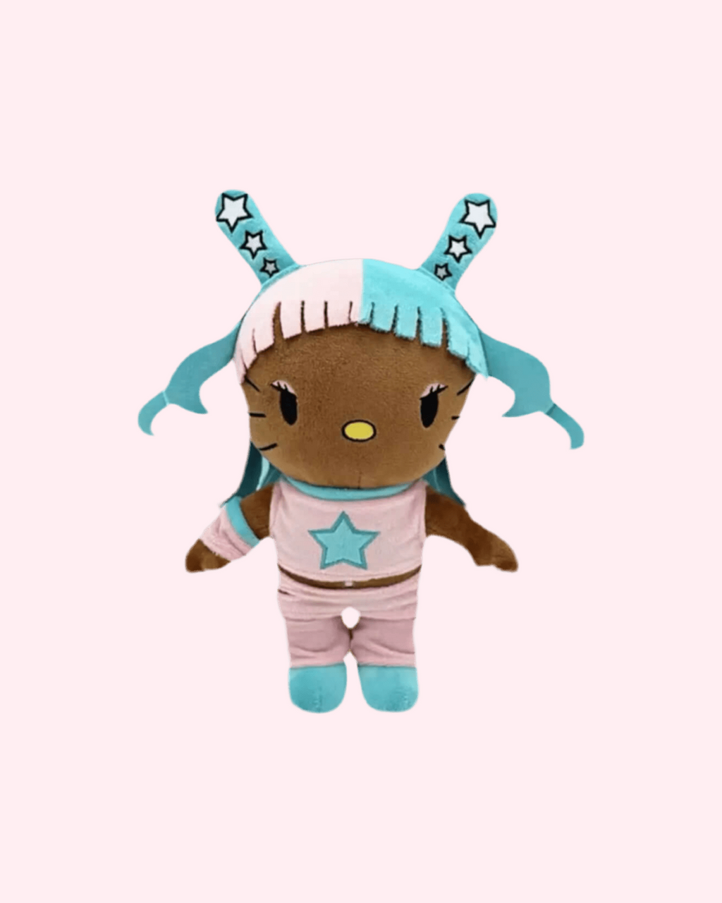 Front view of Megan Thee Stallion Hello Kitty plush with cyan hair, star accessories and a pink outfit on a pale pink background.