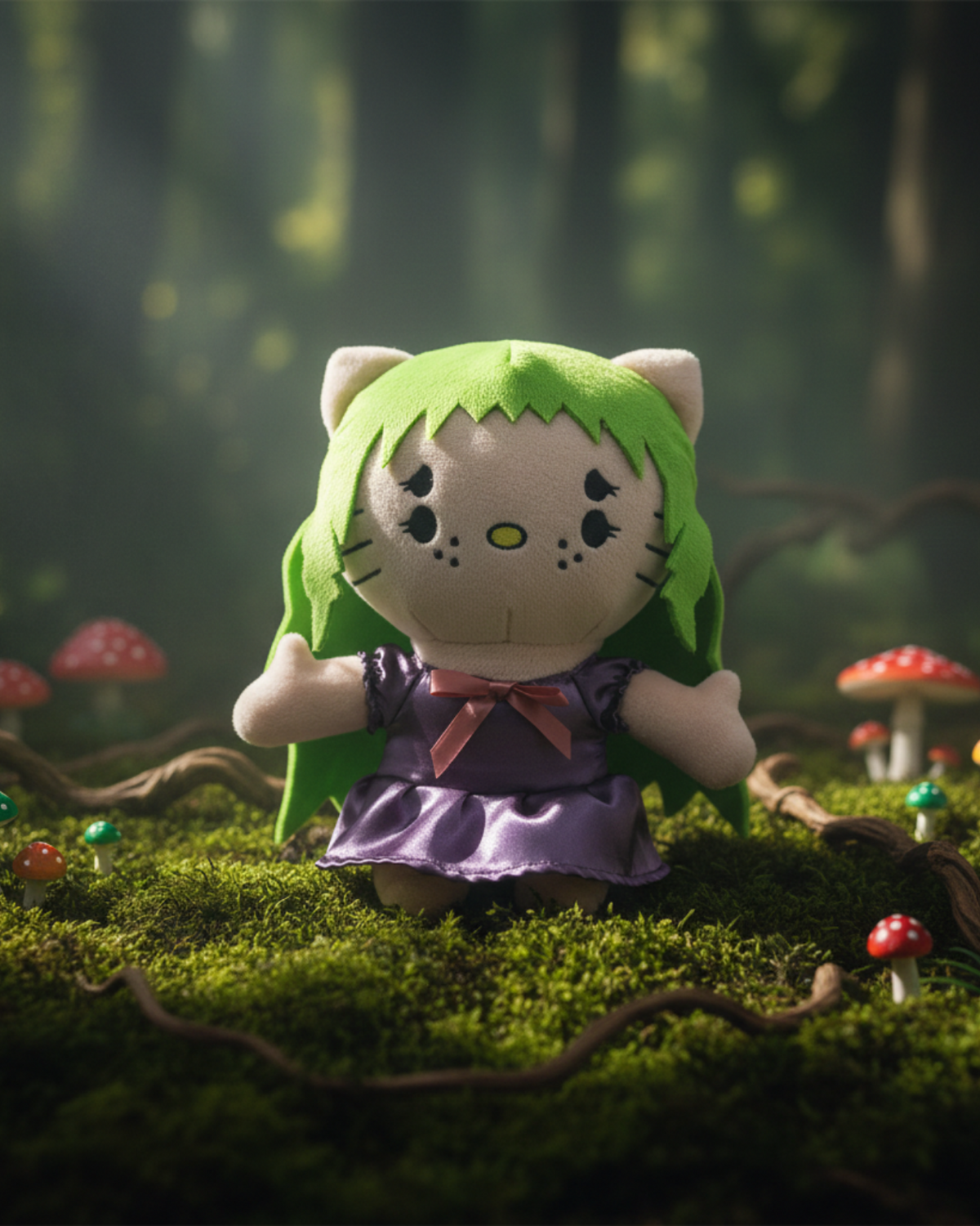 Melanie Martinez Hello Kitty plush with green hair in a mossy woodland scene with mushrooms.
