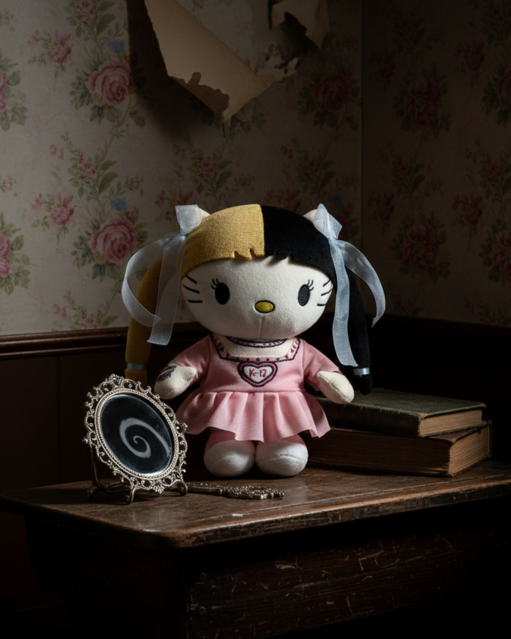 Melanie Martinez Hello Kitty plush beside a vintage telephone on an antique desk.