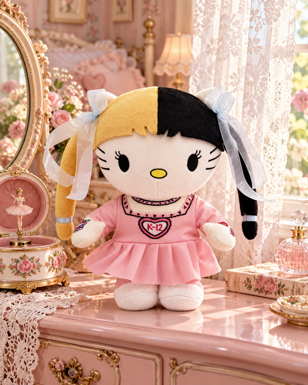 Melanie Martinez Hello Kitty plush on a pink vanity beside a music box and lace curtains.