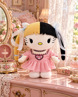 Melanie Martinez Hello Kitty plush on a pink vanity beside a music box and lace curtains.