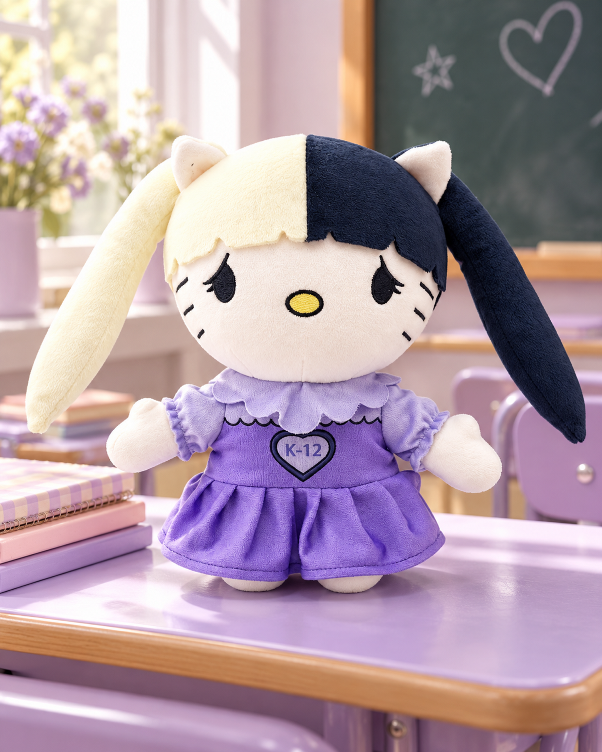 Melanie Martinez Hello Kitty plush on a lavender schoolroom desk beside pastel notebooks.