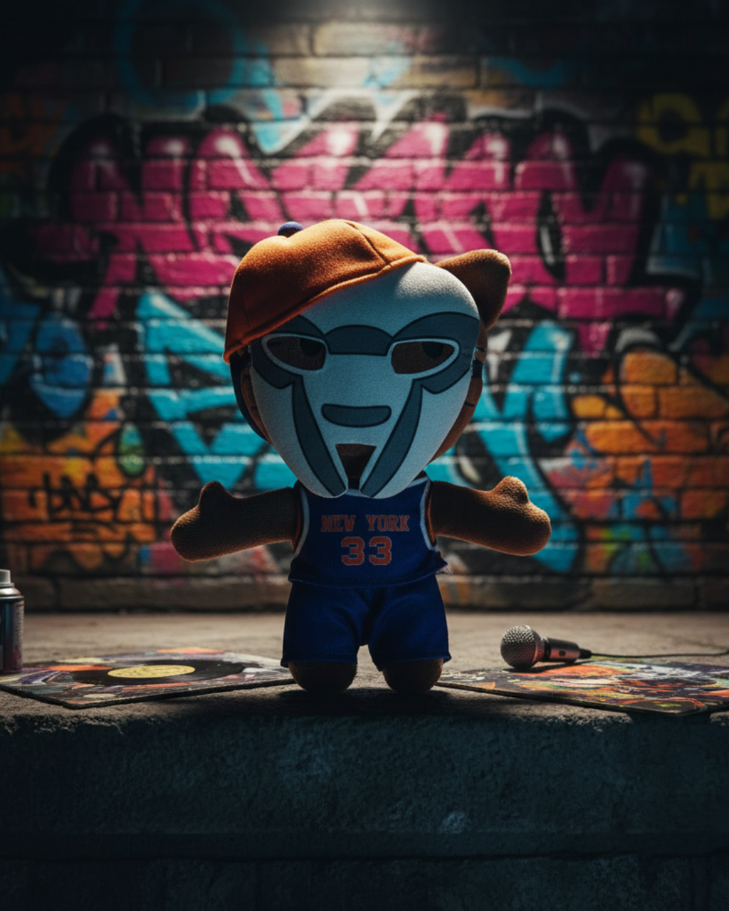 MF DOOM Hello Kitty plush standing against a graffiti wall in a moody music scene.