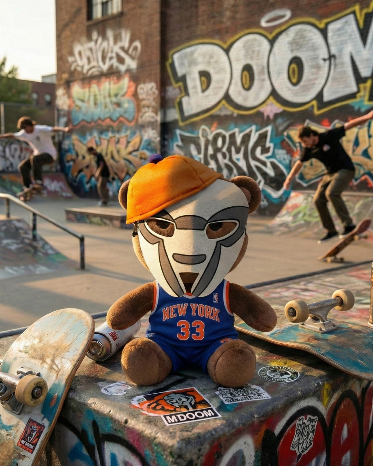 MF DOOM Hello Kitty plush sitting beside a skateboard at a graffiti-covered skatepark.