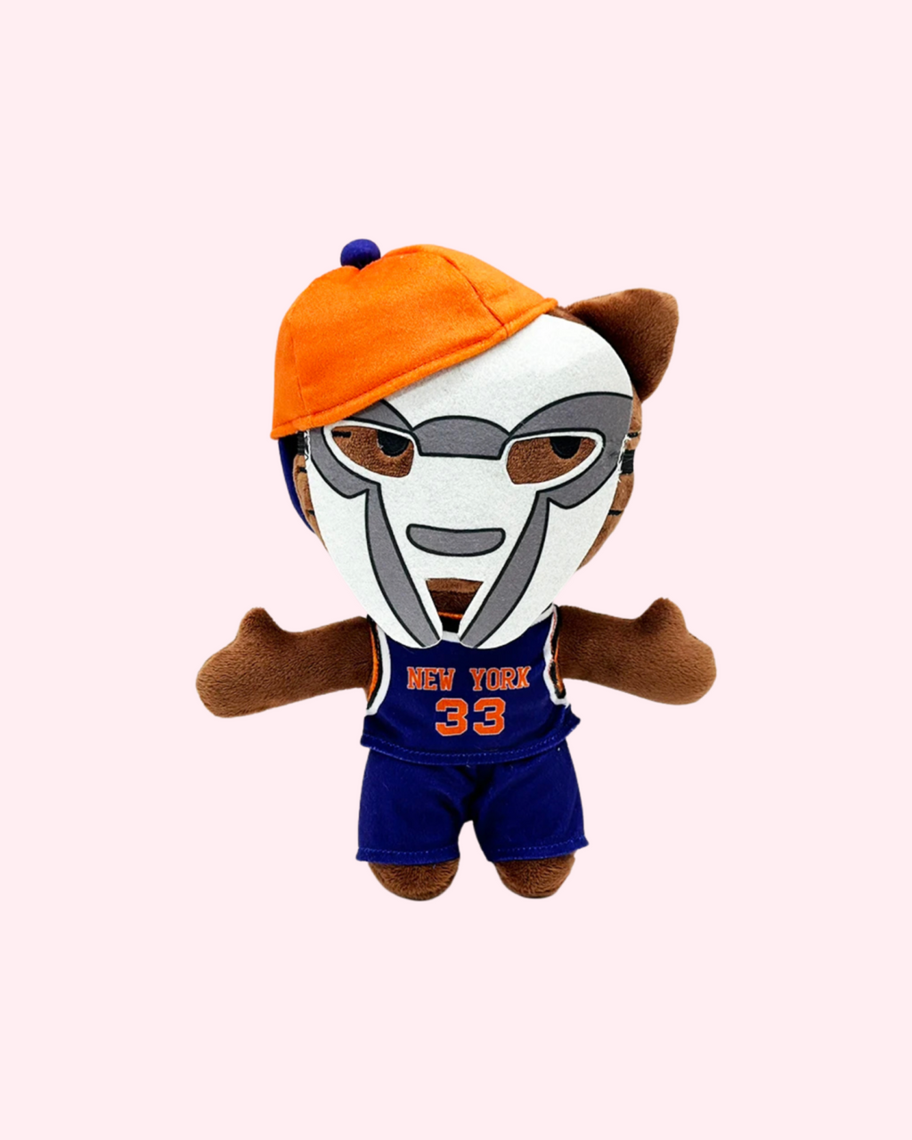 Front view of MF DOOM Hello Kitty plush with a silver mask, orange-and-blue cap and blue number 33 basketball outfit, on a pale pink background.