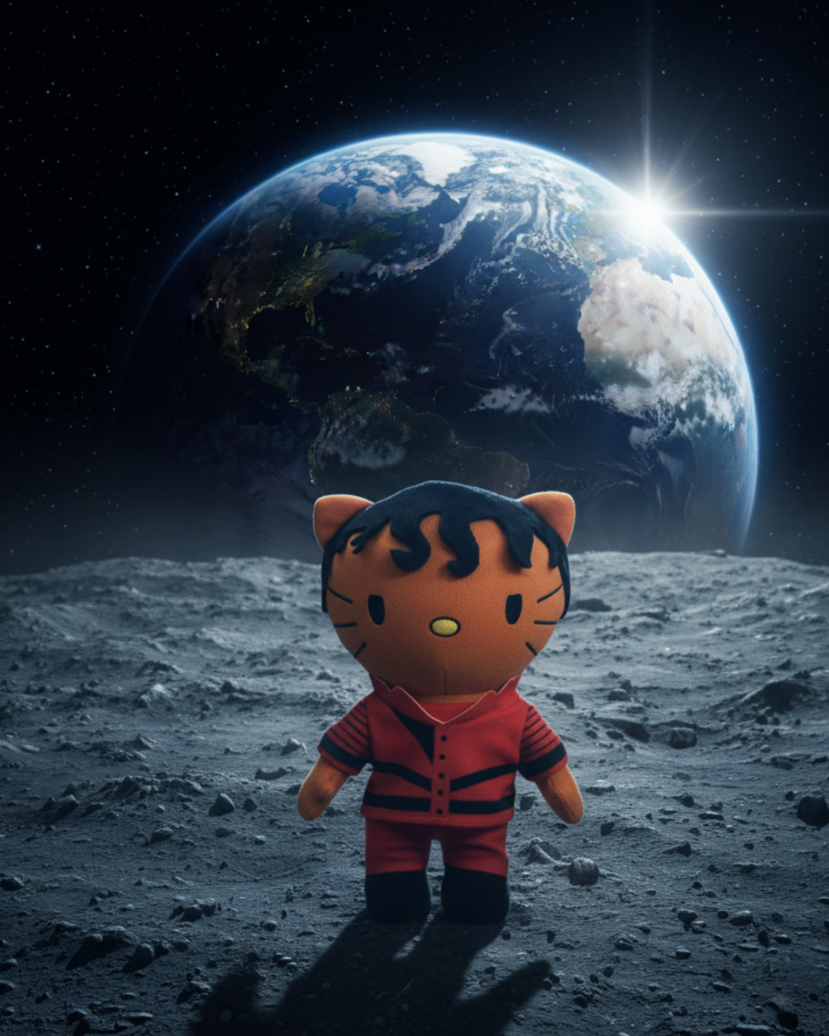 Michael Jackson Hello Kitty plush on a moonlike landscape with Earth in the background.