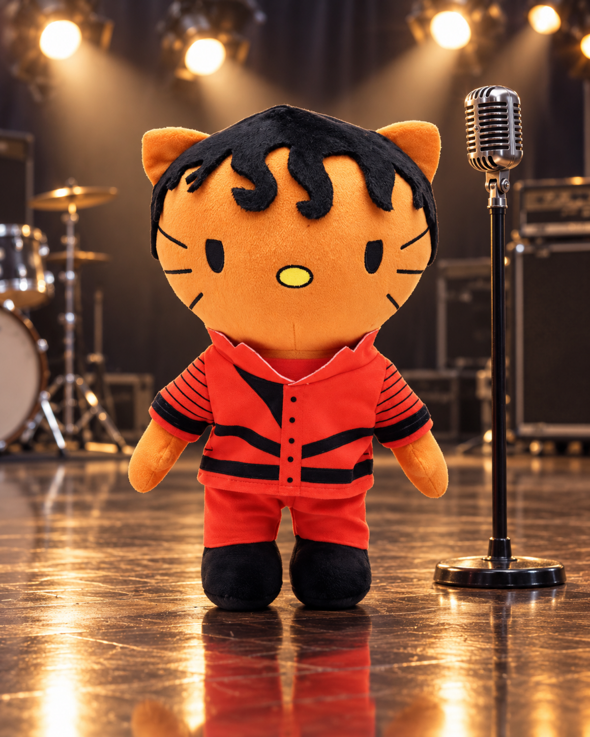 Michael Jackson Hello Kitty plush on a rehearsal-room floor beside a vintage microphone stand.