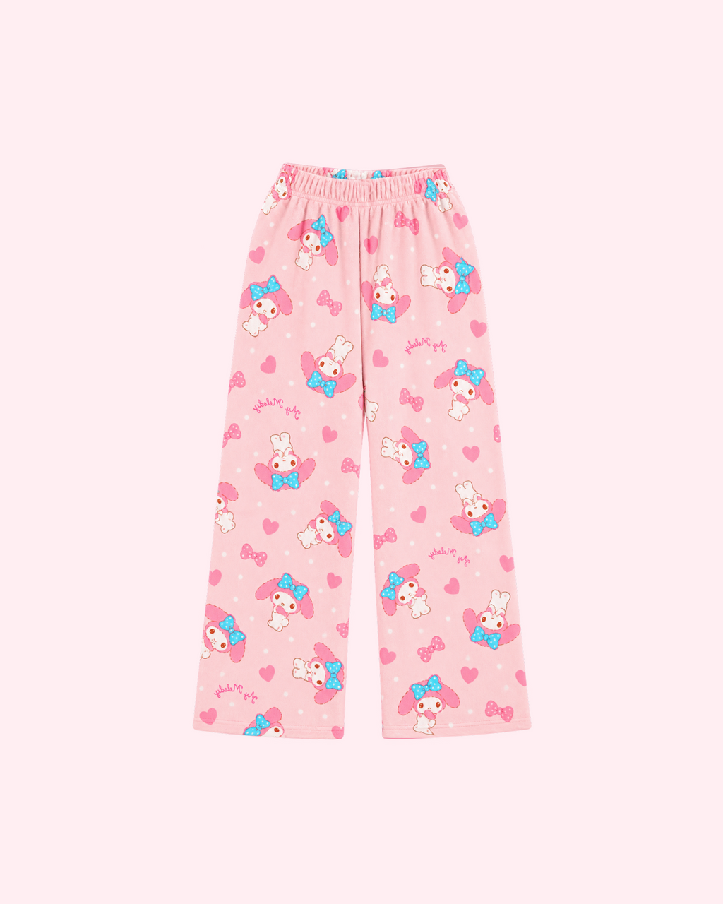 Mirrored back view of pale pink My Melody pajama pants with blue polka-dot bows, pink hearts and white dots