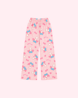 Mirrored back view of pale pink My Melody pajama pants with blue polka-dot bows, pink hearts and white dots