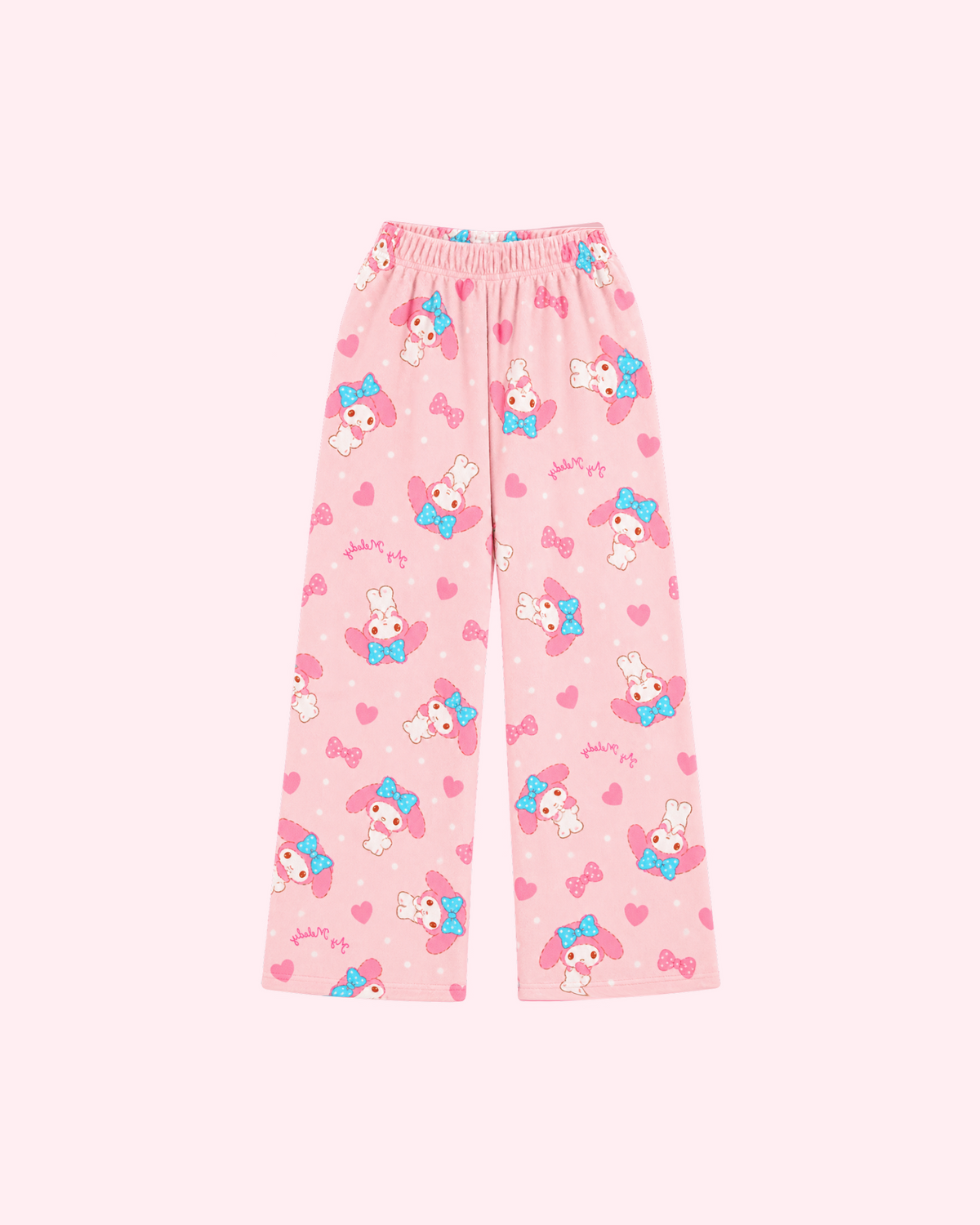 Mirrored back view of pale pink My Melody pajama pants with blue polka-dot bows, pink hearts and white dots