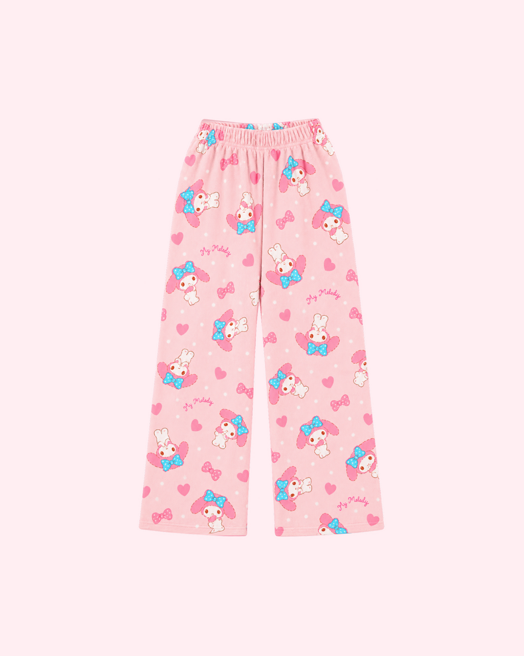 Front view of pale pink My Melody pajama pants with blue polka-dot bows, pink hearts and white dots