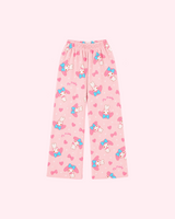 Front view of pale pink My Melody pajama pants with blue polka-dot bows, pink hearts and white dots