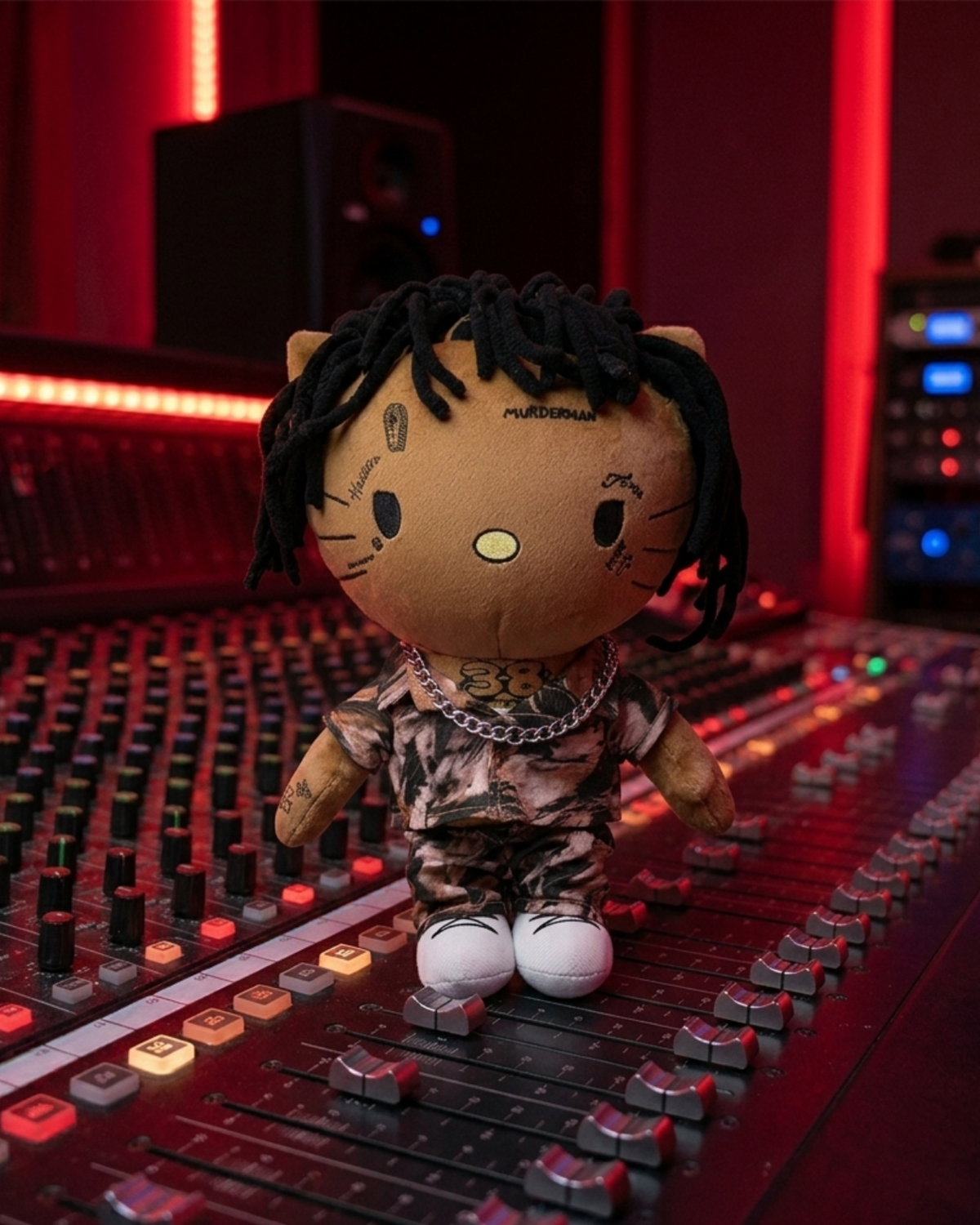 NBA YoungBoy Hello Kitty plush in a camouflage outfit on a recording console under red studio lights.