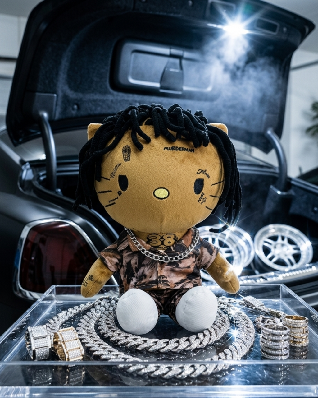 NBA YoungBoy Hello Kitty plush in an open car boot with silver-tone chains and jewellery.