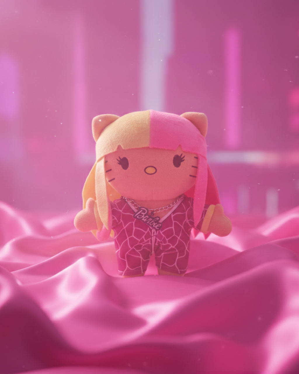 Nicki Minaj Hello Kitty plush with pink-and-blonde hair standing on pink satin fabric.