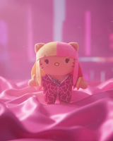 Nicki Minaj Hello Kitty plush with pink-and-blonde hair standing on pink satin fabric.