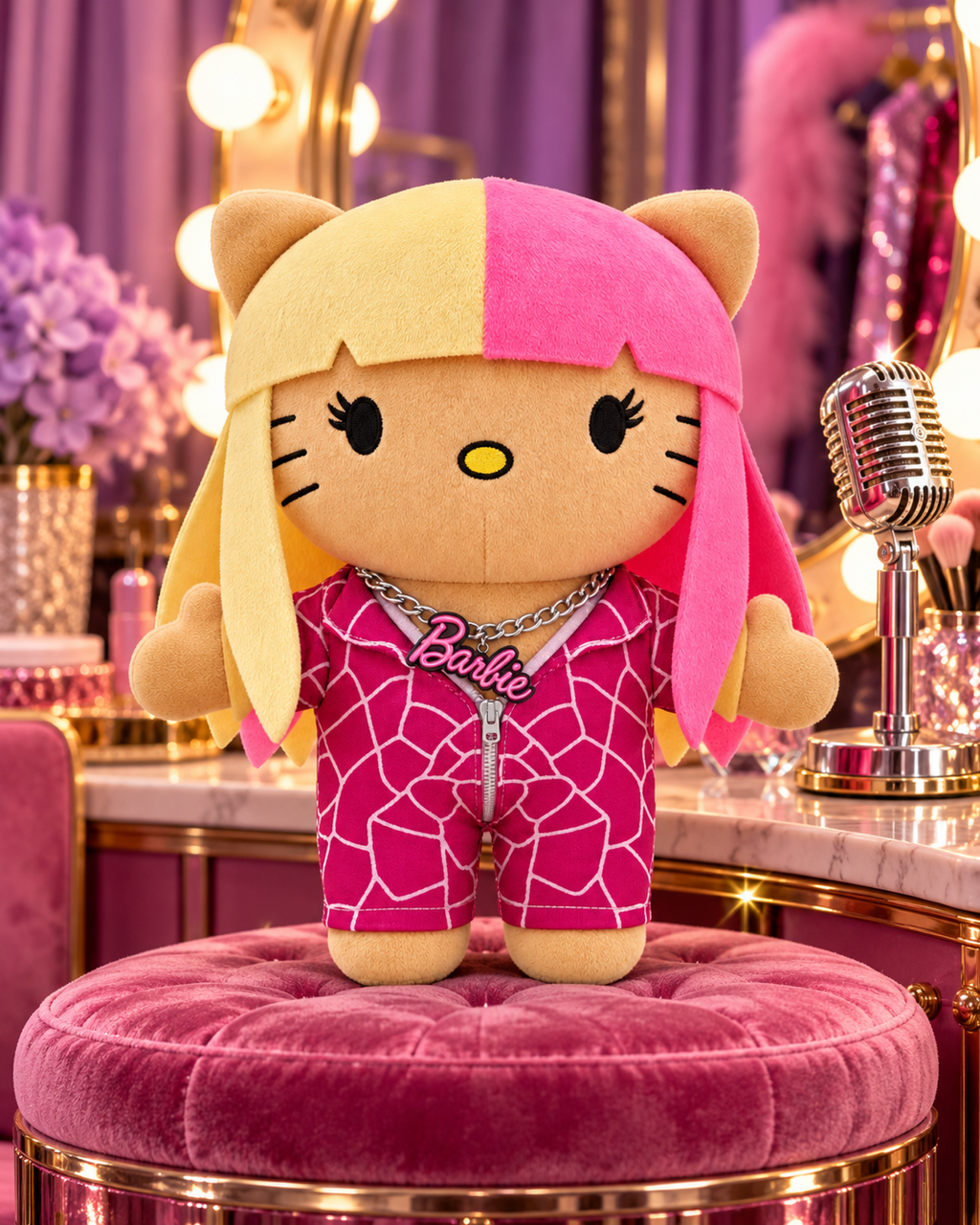 Nicki Minaj Hello Kitty plush on a pink velvet stool beside a mirror and retro microphone in a dressing room.