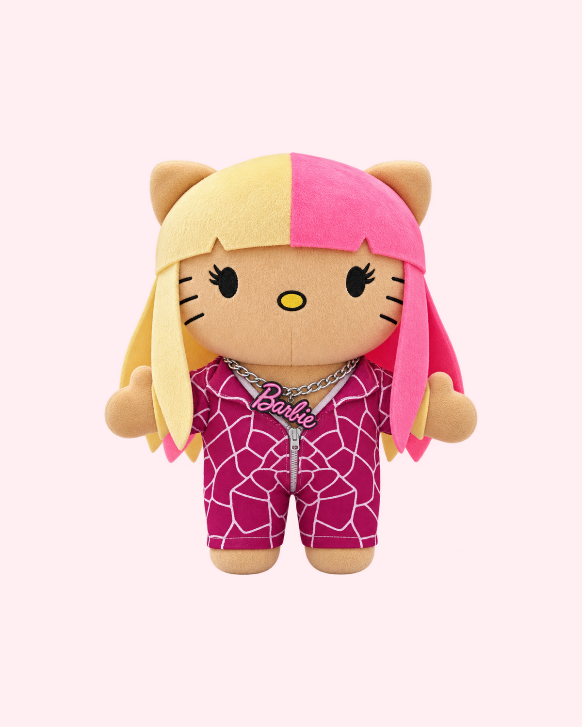 Front view of Nicki Minaj Hello Kitty plush with pink-and-blonde hair and a magenta patterned outfit on a pale pink background.
