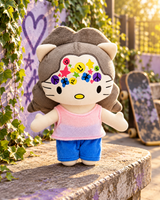 Olivia Rodrigo x Hello Kitty Plush - SOUR - a weathered concrete courtyard bench - styled product scene